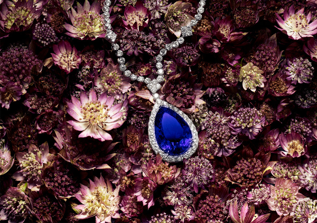 pear shaped Safi Kilima Tanzanite stone diamond necklace set in 18K white gold